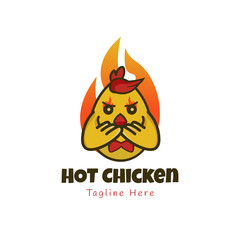 Hot chicken logo with angry face and fire burning behind