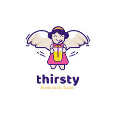 Obraz premium Thirsty for bubble tea logo, Sweet angel icon holding a drink cup