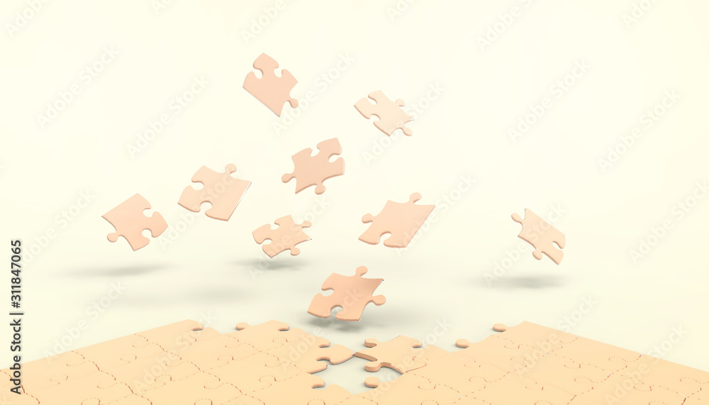 Poster puzzle concept jigsaw ideas and yellow business concept making on yellow background - 3d rendering -