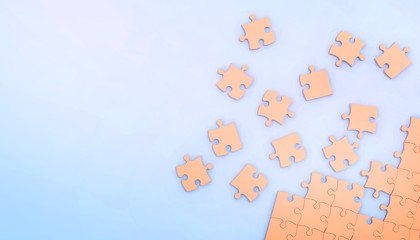 Puzzle  jigsaw  Orange ideas and Background business Concept  Modern on  Blue pastel background - 3d rendering - minimal style