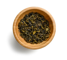 Green tea top view on white background