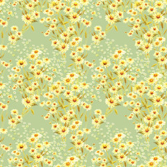Watercolor picture of daisy flowers on a light green field. Seamless pattern, botanical watercolor illustration on dark background for fashion fabric design, wallpaper, home decor, garden background
