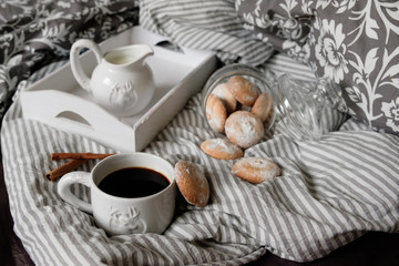 flat lay in scandinavian style. Coffee and breakfast in bed.
