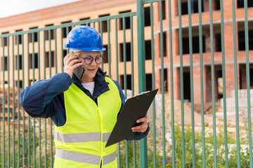 A woman Builder at a construction site inspects a house made of brick