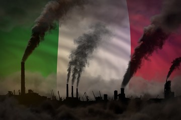 Fototapeta na wymiar Dark pollution, fight against climate change concept - industrial 3D illustration of plant pipes heavy smoke on Italy flag background