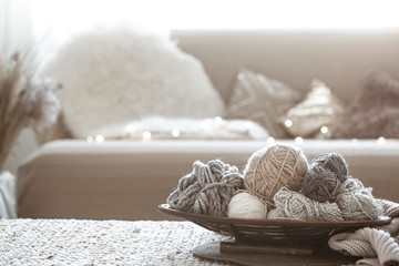 Home Hobbies, knitting threads on the table.