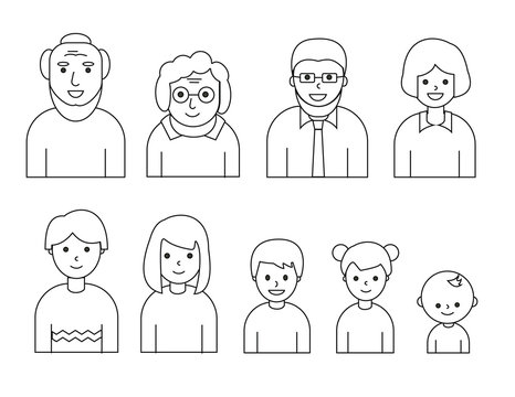  Linear style family: grandfather, grandmother, father, mother, children. People of different generations and ages. Icons set. Vector illustration