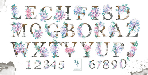 Fototapeta na wymiar Beauty letters with watercolor pink flowers and elegant alphabet numbers with floral and leaves isolated ABC on background. Wedding, invite and birthday card for calebration