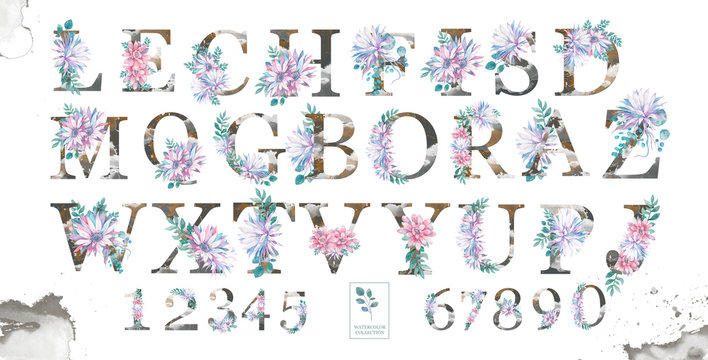 Beauty letters with watercolor pink flowers and elegant alphabet numbers with floral and leaves isolated ABC on background. Wedding, invite and birthday card for calebration