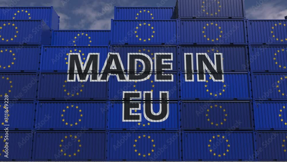 Poster many cargo containers with made in eu text and national flags. european import or export related 3d 