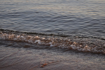 A stone sticks out of the sea. The dark blue sky is sunset. The ocean is shaking. Soft wave on the clean sand of the beach