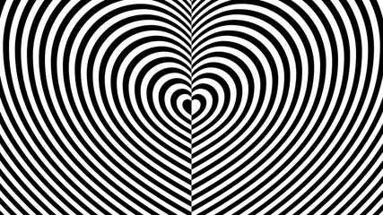 Striped pattern in the shape of an endless heart on two sides. Fashionable ornament with the effect of optical illusion. Repeating black and white lines. Flat minimalism.