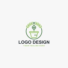 Plant pot logo design. Gardening illustration sign. Outline leaves and pot vector icons.