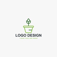 Plant pot logo design. Gardening illustration sign. Outline leaves and pot vector icons.