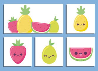 Kawaii fruits cartoons vector design