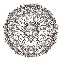 Ornamental round doily pattern with floral elements for coloring book for adult, shirt design or tattoo. Black and white zentangle mandala.