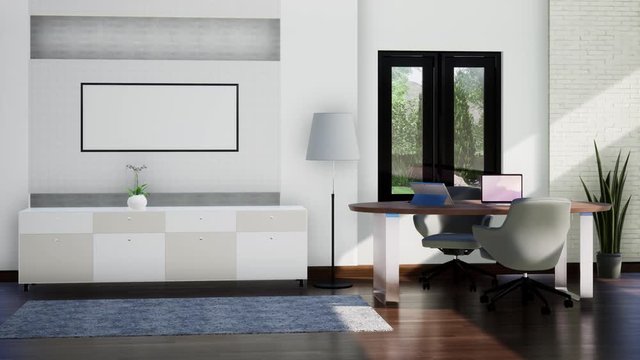 modern working room interior design with furniture, rotating shot slow motion, video ultra HD 4K, 3D animation