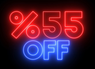 Neon shiny glowing "%55 OFF" text. Animation for promotions, sales and discounts.
