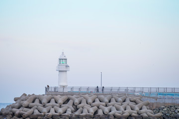 Fototapeta na wymiar lighthouse. A lighthouse on the coast. A lighthouse on a breakwater. Lighthouse and Tetrapod.