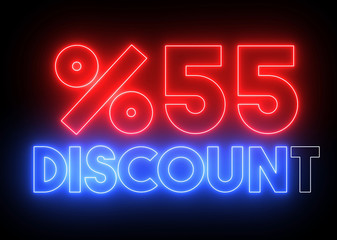 Neon shiny glowing "%55 DISCOUNT" text. Animation for promotions, sales and discounts.