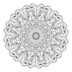 Ornamental round doily pattern with floral elements for coloring book for adult, shirt design or tattoo. Black and white zentangle mandala.