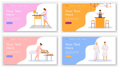 Touristic accommodation landing page vectors templates set. Hotel website interface idea with flat illustrations. Booking homepage layout. Spa center web banner, webpage cartoon concept