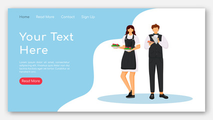 Restaurant staff landing page vector template. Catering website interface idea with flat illustrations. Service personnel. Hotel waiters in uniform web banner, webpage cartoon concept