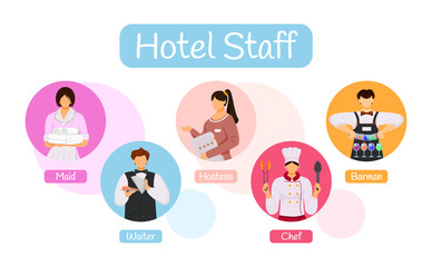 Hotel staff vector infographic template. Service personnel poster, booklet page concept design with flat illustrations. Maid, waiter, hostess. Chef, barman. Advertising flyer, info banner idea