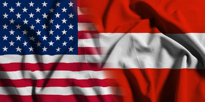 National flag of the United States with Austria on a waving cotton texture background