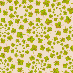 Seamless pattern of rounded shapes from green leaves in doodle style. Four-leaf clover.