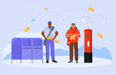 Post office male workers flat color vector illustration. Royal mail employee. Traditional British and American post service. Delivery boy with package isolated cartoon character on white background