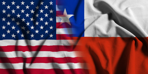 National flag of the United States with Chile on a waving cotton texture background