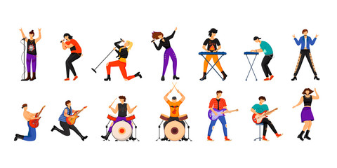 Fototapeta na wymiar Rock musicians flat vector illustrations set. Music band members. Guitarists, drummers, lead vocalists, keyboardists. People playing musical instruments. Isolated cartoon characters