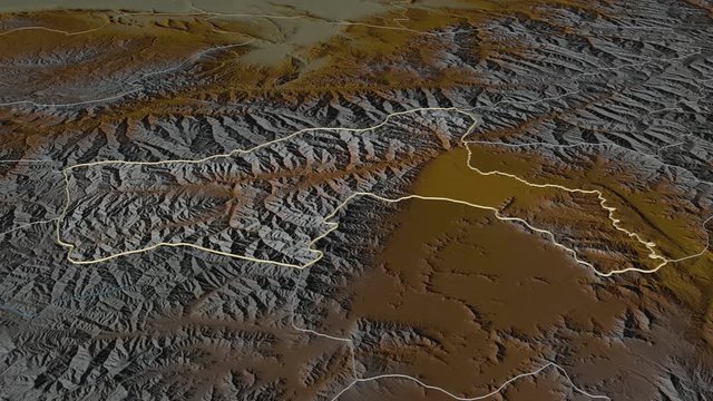 Parwan, province with its capital, zoomed and extruded on the relief map of Afghanistan in the conformal Stereographic projection. Animation 3D