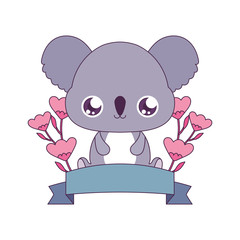 Kawaii koala cartoon with flowers and ribbon vector design