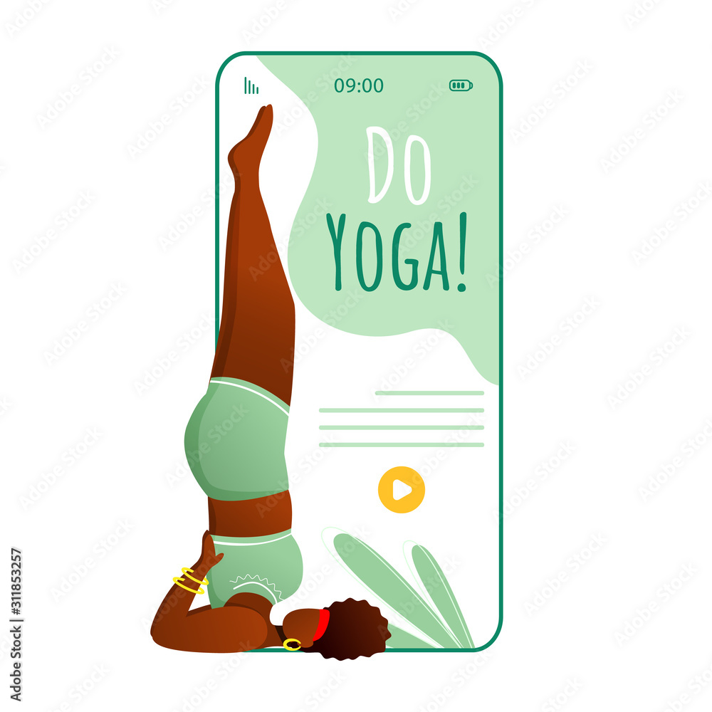 Poster do yoga smartphone interface vector template. salamba savargasana. supported shoulderstand. mobile a