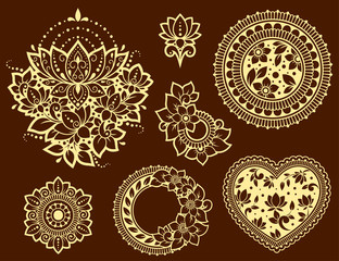 Big set of Mehndi flower pattern, lotus, heart and mandala for Henna drawing and tattoo. Decoration in ethnic oriental, Indian style. Doodle ornament. Outline hand draw vector illustration.