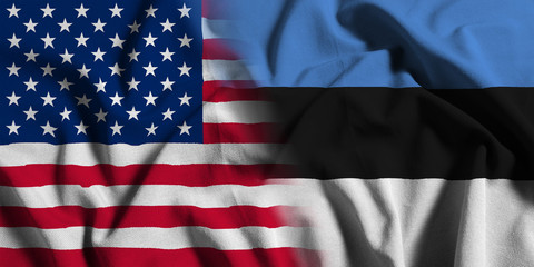 National flag of the United States with Estonia on a waving cotton texture background
