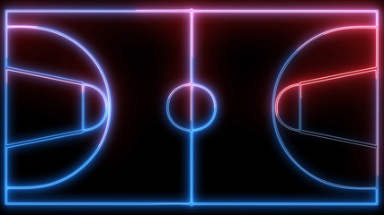 Neon, shiny glowing outline of Basketball court. Sport concept, area of basketball game, parquet with neon lights. 