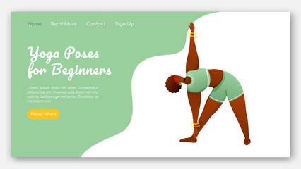 Yoga poses for beginners landing page vector template. Active and healthy lifestyle. Bodypositive website interface idea with flat illustrations. Homepage layout, web banner, webpage cartoon concept