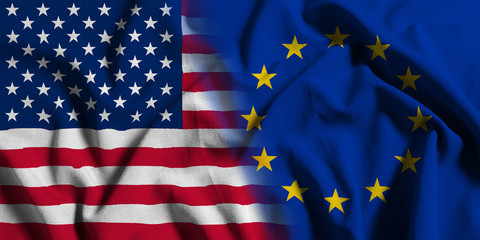 National flag of the United States with European Union on a waving cotton texture background © Onur