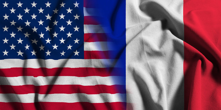 National flag of the United States with France on a waving cotton texture background