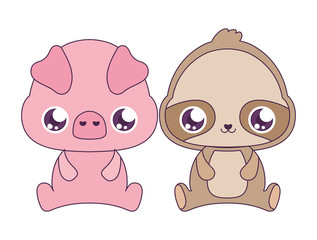 Kawaii pig and sloth cartoons vector design