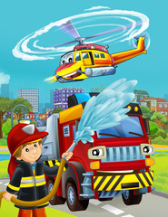 cartoon scene with fireman vehicle on the road - illustration for children