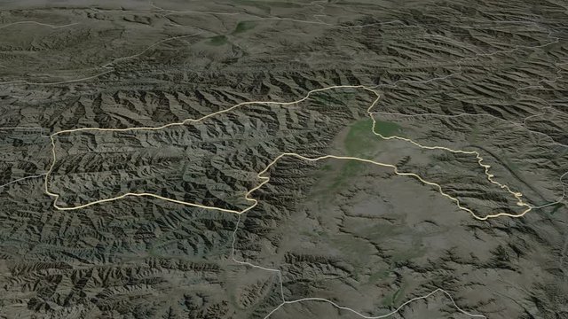 Parwan, province with its capital, zoomed and extruded on the satellite map of Afghanistan in the conformal Stereographic projection. Animation 3D