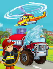 cartoon scene with fireman vehicle on the road - illustration for children