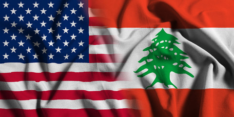 National flag of the United States with Lebanon on a waving cotton texture background