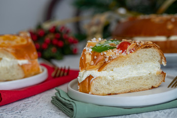 Roscon de reyes, traditional Spanish holiday dessert served the morning of Reyes, also known as...