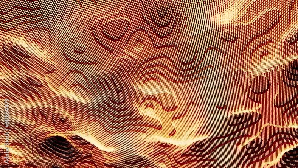 Poster wavy surface with ripples and grains, seamless loop. animation. 3d vibrant pixel texture of orange c