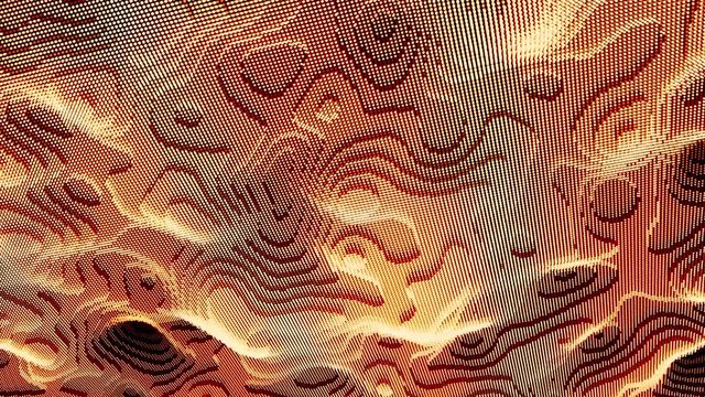 Wavy surface with ripples and grains, seamless loop. Animation. 3D vibrant pixel texture of orange color, futuristic and technological background.